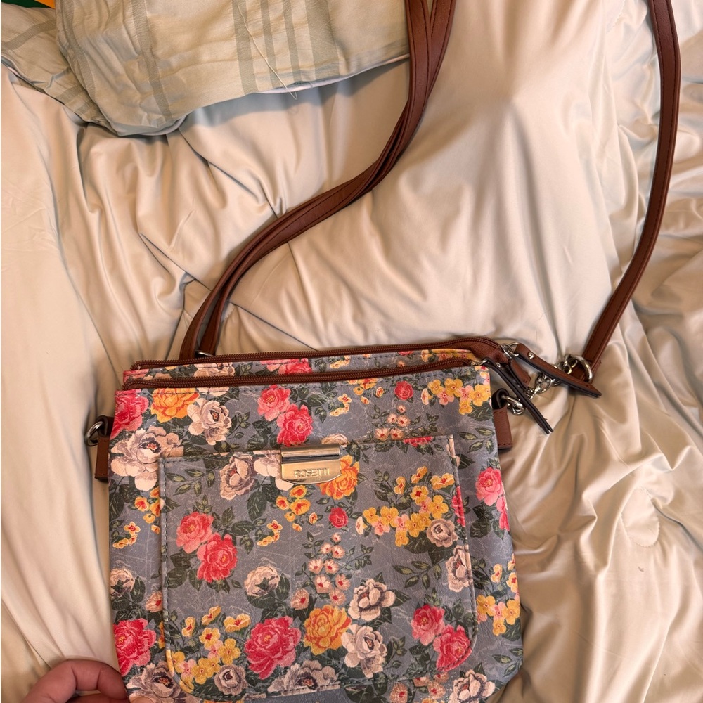 Floral Crossbody Bag in Multicolor with Brown Strap